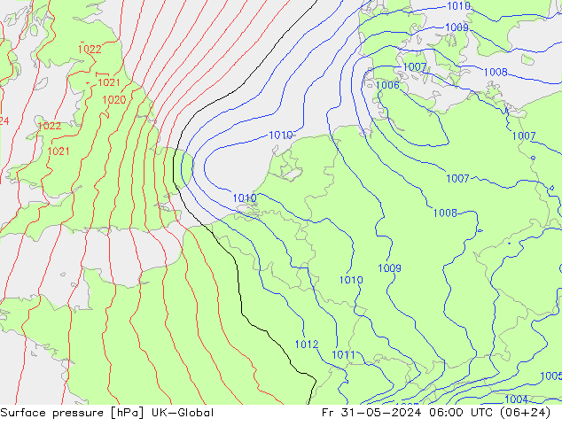 Pressione al suolo UK-Global ven 31.05.2024 06 UTC