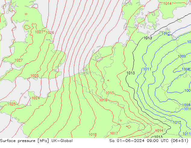 Atmosférický tlak UK-Global So 01.06.2024 09 UTC