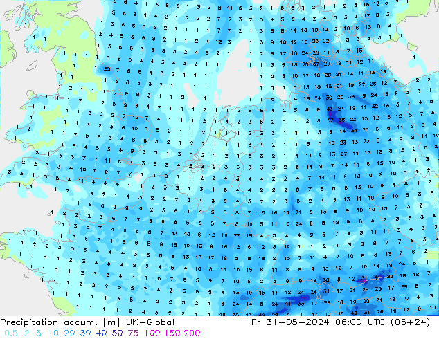 Precipitation accum. UK-Global Pá 31.05.2024 06 UTC