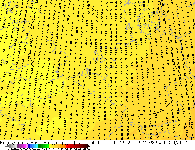 Height/Temp. 850 гПа UK-Global чт 30.05.2024 08 UTC