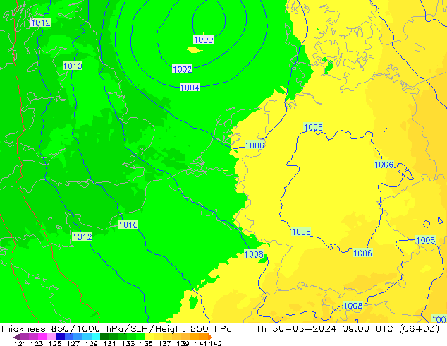 Thck 850-1000 гПа UK-Global чт 30.05.2024 09 UTC