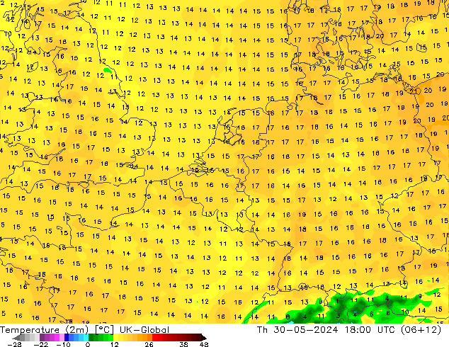 Temperatura (2m) UK-Global jue 30.05.2024 18 UTC