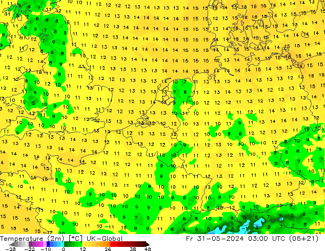Temperature (2m) UK-Global Fr 31.05.2024 03 UTC