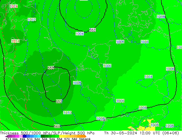 Schichtdicke 500-1000 hPa UK-Global Do 30.05.2024 12 UTC