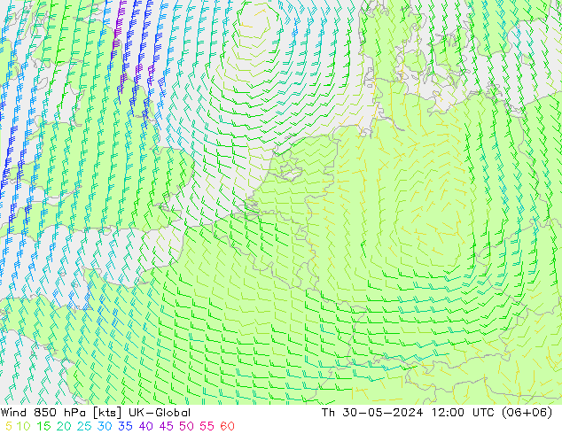 Vento 850 hPa UK-Global Qui 30.05.2024 12 UTC