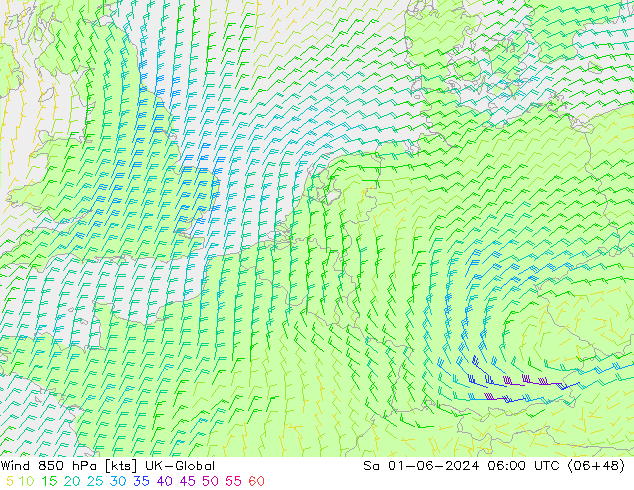 Wind 850 hPa UK-Global So 01.06.2024 06 UTC