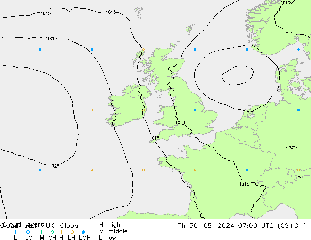 Cloud layer UK-Global gio 30.05.2024 07 UTC