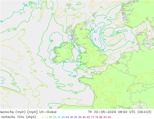 Isotachs (mph) UK-Global Qui 30.05.2024 09 UTC