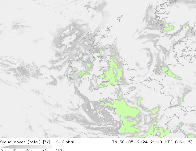 Cloud cover (total) UK-Global Čt 30.05.2024 21 UTC