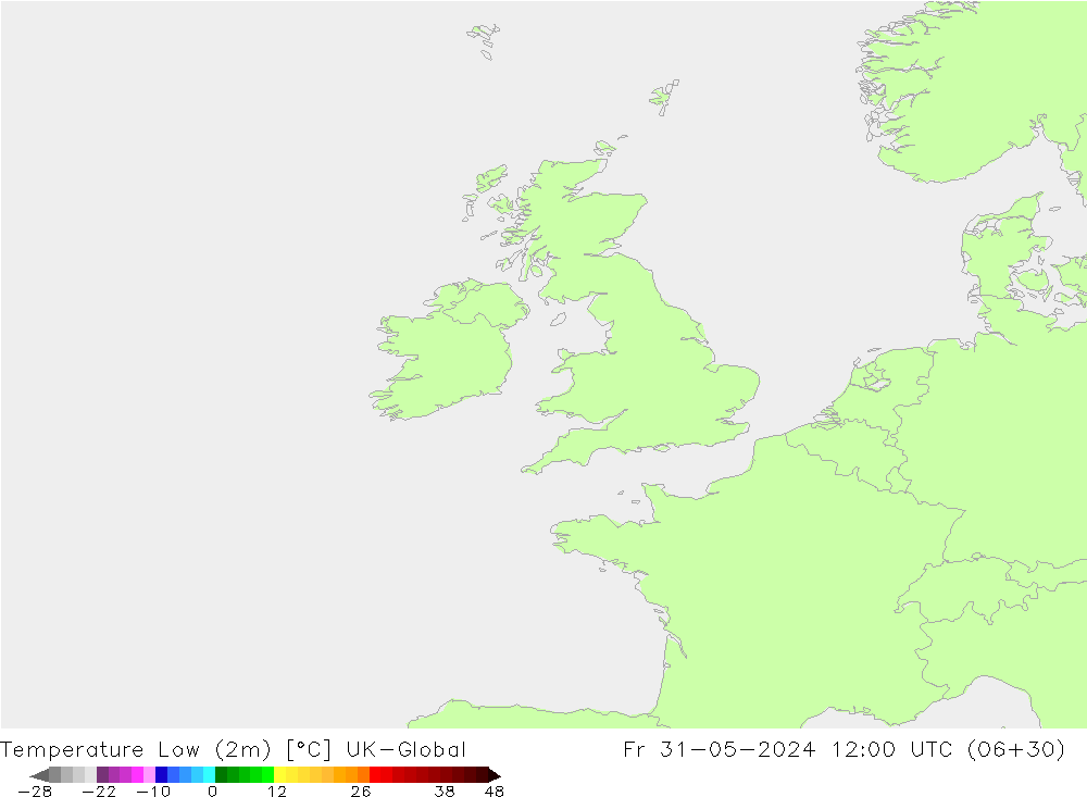 Minumum Değer (2m) UK-Global Cu 31.05.2024 12 UTC