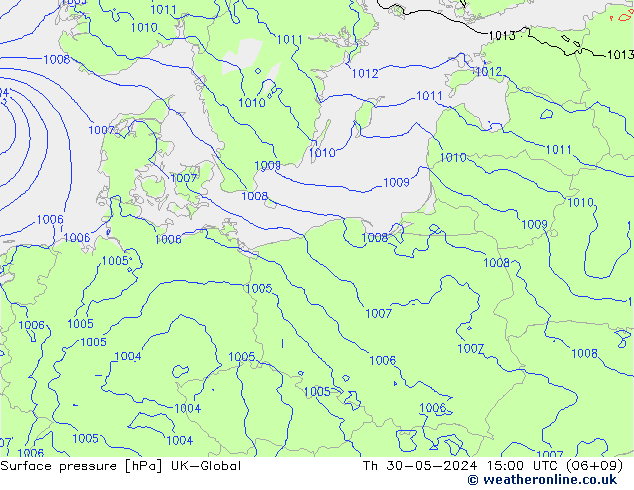 Surface pressure UK-Global Th 30.05.2024 15 UTC