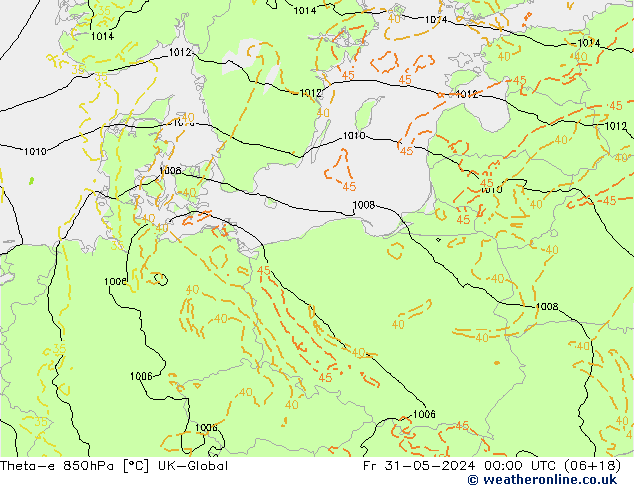 Theta-e 850hPa UK-Global Fr 31.05.2024 00 UTC