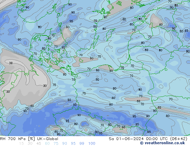 RH 700 hPa UK-Global Sáb 01.06.2024 00 UTC