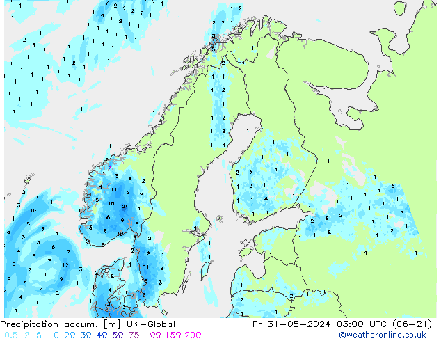 Precipitation accum. UK-Global Sex 31.05.2024 03 UTC