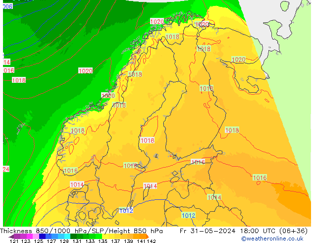 Espesor 850-1000 hPa UK-Global vie 31.05.2024 18 UTC