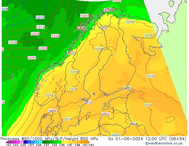 Espesor 850-1000 hPa UK-Global sáb 01.06.2024 12 UTC