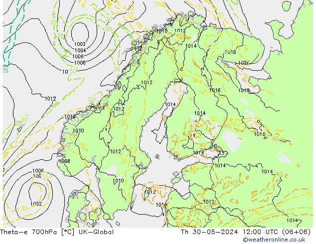 Theta-e 700hPa UK-Global Do 30.05.2024 12 UTC