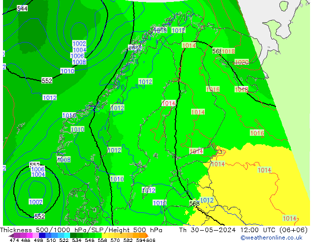 Dikte 500-1000hPa UK-Global do 30.05.2024 12 UTC