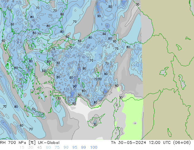 RH 700 hPa UK-Global Th 30.05.2024 12 UTC