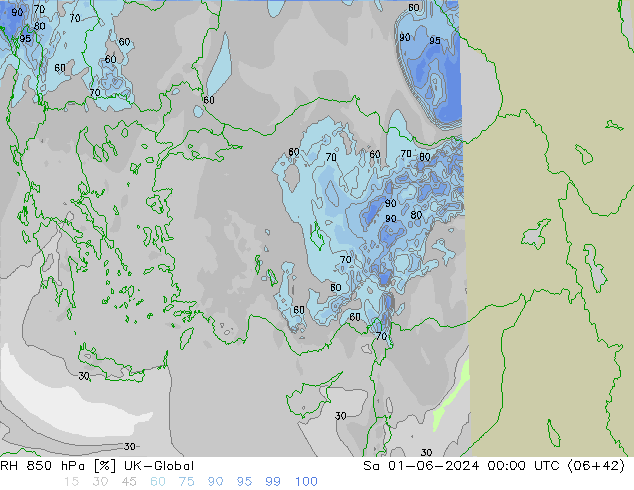 Humedad rel. 850hPa UK-Global sáb 01.06.2024 00 UTC