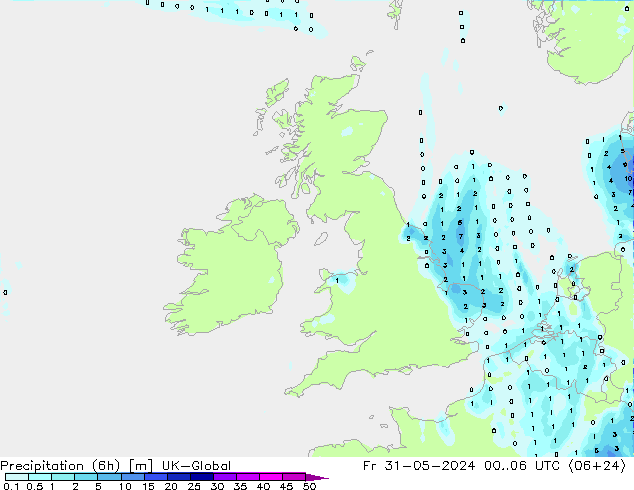 Precipitation (6h) UK-Global Pá 31.05.2024 06 UTC