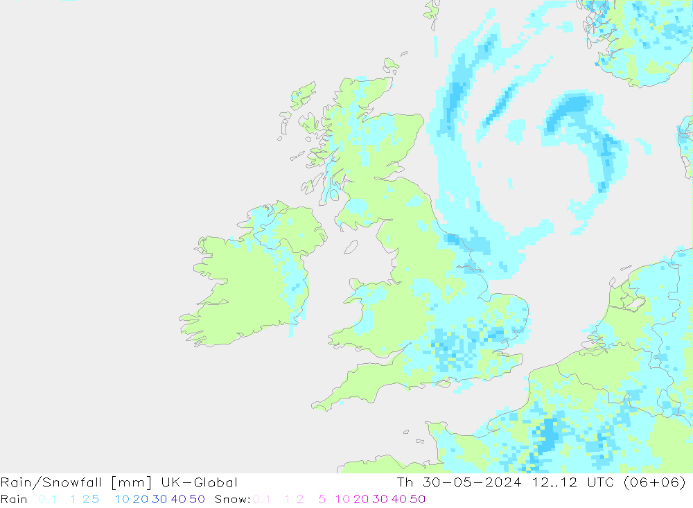 Rain/Snowfall UK-Global Qui 30.05.2024 12 UTC