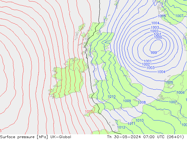 Atmosférický tlak UK-Global Čt 30.05.2024 07 UTC