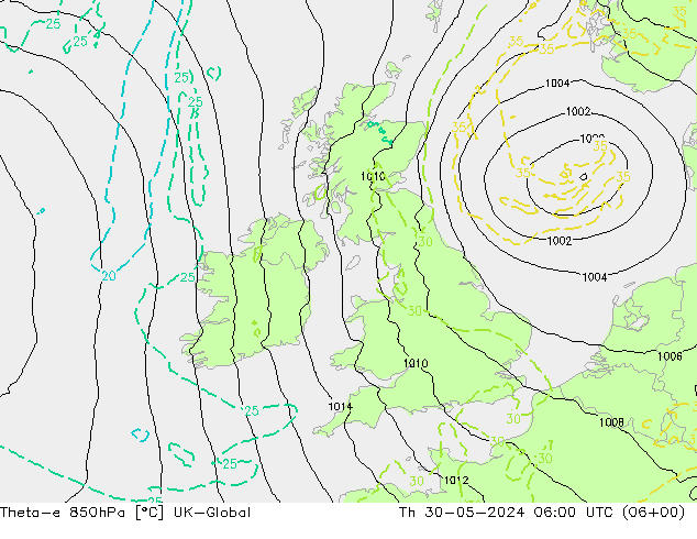 Theta-e 850hPa UK-Global do 30.05.2024 06 UTC