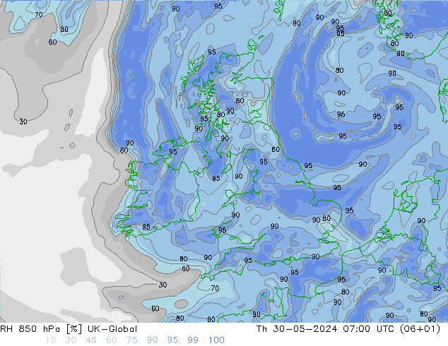 RH 850 гПа UK-Global чт 30.05.2024 07 UTC