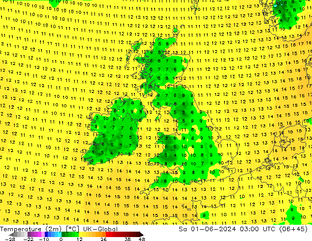 Temperatura (2m) UK-Global Sáb 01.06.2024 03 UTC