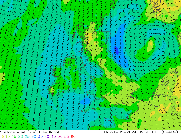 Surface wind UK-Global Th 30.05.2024 09 UTC