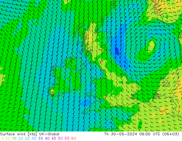 wiatr 10 m UK-Global czw. 30.05.2024 09 UTC