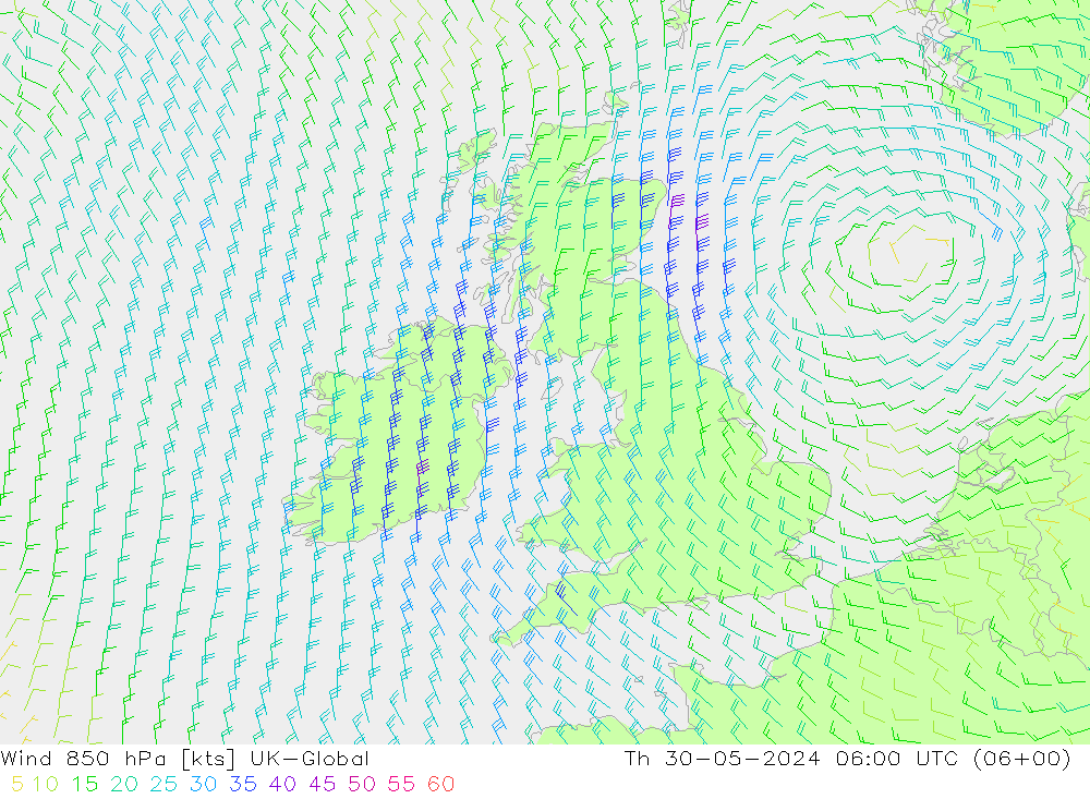 Wind 850 hPa UK-Global Čt 30.05.2024 06 UTC