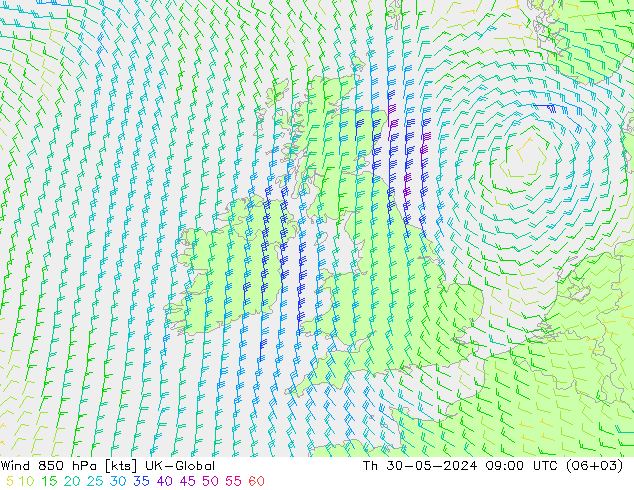 ветер 850 гПа UK-Global чт 30.05.2024 09 UTC