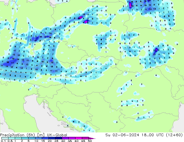 Precipitation (6h) UK-Global Su 02.06.2024 00 UTC