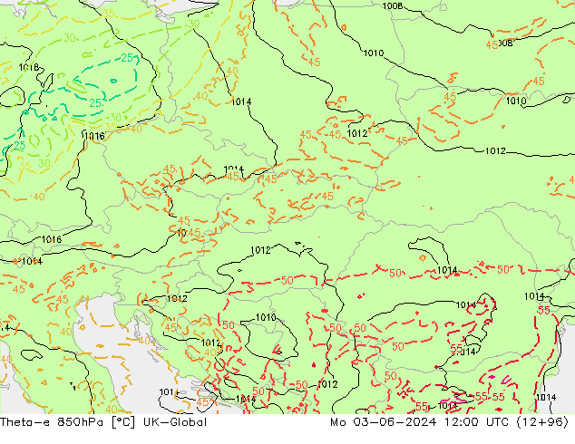 Theta-e 850hPa UK-Global Pzt 03.06.2024 12 UTC
