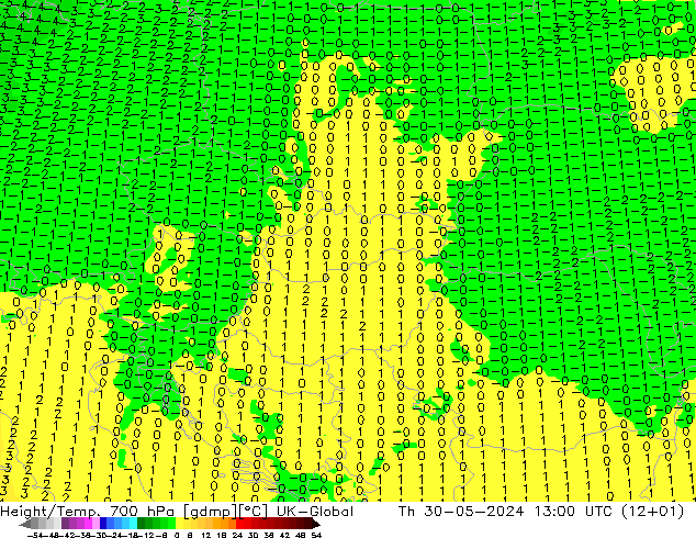 Height/Temp. 700 hPa UK-Global Čt 30.05.2024 13 UTC