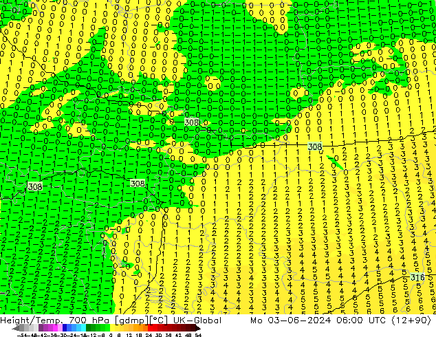 Height/Temp. 700 hPa UK-Global Mo 03.06.2024 06 UTC