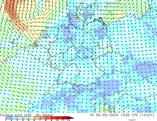 Surface wind (bft) UK-Global Th 30.05.2024 13 UTC
