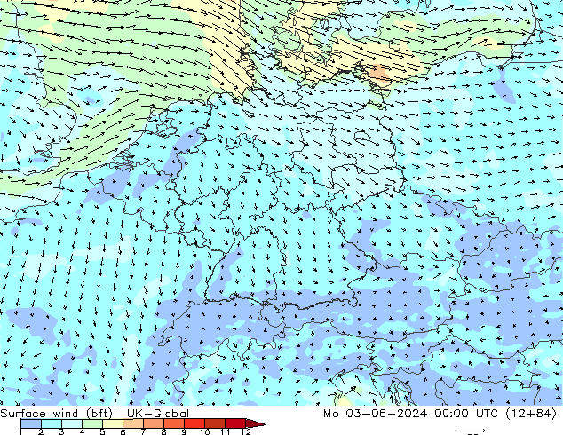 Surface wind (bft) UK-Global Mo 03.06.2024 00 UTC