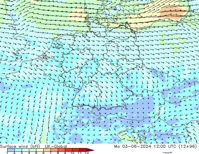 Surface wind (bft) UK-Global Mo 03.06.2024 12 UTC