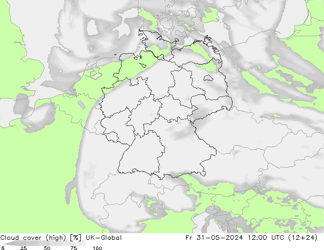 Cloud cover (high) UK-Global Fr 31.05.2024 12 UTC