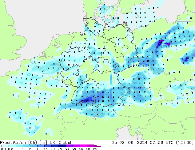 Précipitation (6h) UK-Global dim 02.06.2024 06 UTC