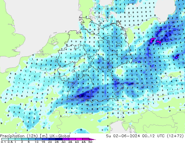 Totale neerslag (12h) UK-Global zo 02.06.2024 12 UTC