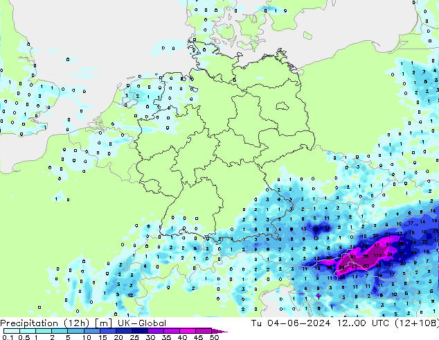 Precipitation (12h) UK-Global Tu 04.06.2024 00 UTC