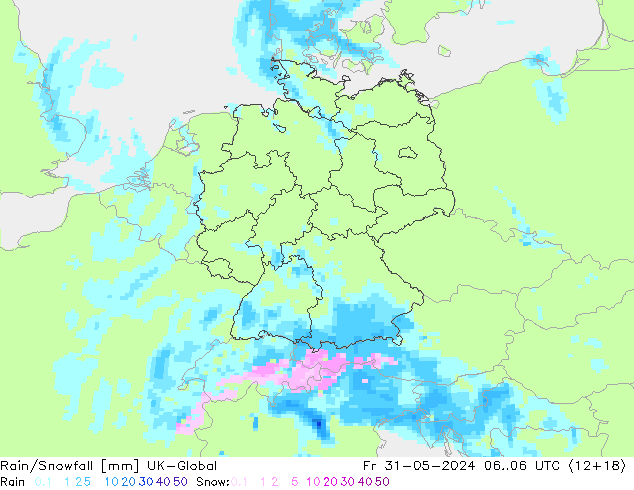 Rain/Snowfall UK-Global Fr 31.05.2024 06 UTC