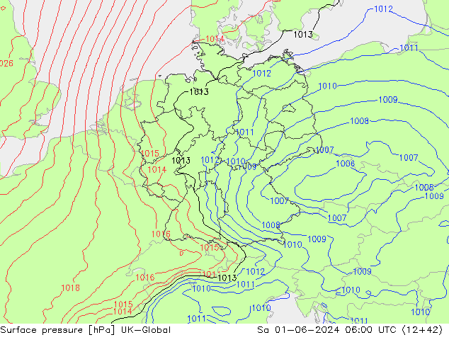 Pressione al suolo UK-Global sab 01.06.2024 06 UTC