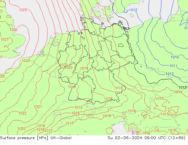 Pressione al suolo UK-Global dom 02.06.2024 09 UTC