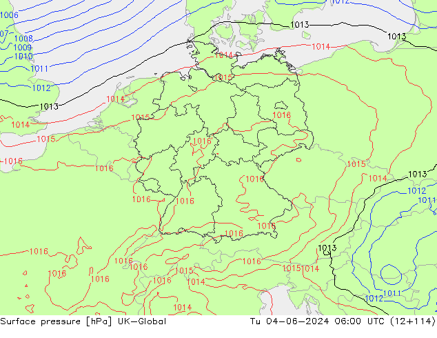 Surface pressure UK-Global Tu 04.06.2024 06 UTC