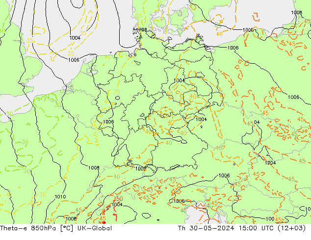 Theta-e 850hPa UK-Global Th 30.05.2024 15 UTC
